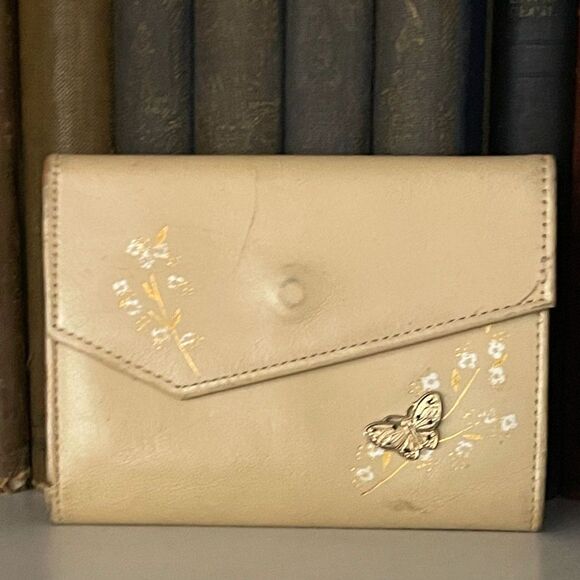 Vintage ROLFS Butterfly Floral 1970s Leather Bi-Fold Wallet ID Credit Card Slim - Picture 1 of 14